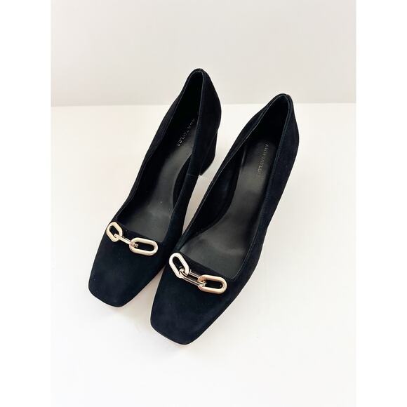 NWOB Ann Taylor Chain High Block Heel Suede Pumps Gold - Picture 2 of 7